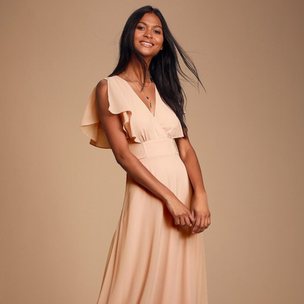 Lulus Dearly Loved Blush Flutter Sleeve Maxi Dress Pink - Size S NWT